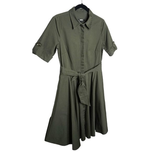 Badgley Mischka Women's Army Green Midi Collared Shirt Dress Belted‎ Sz 6